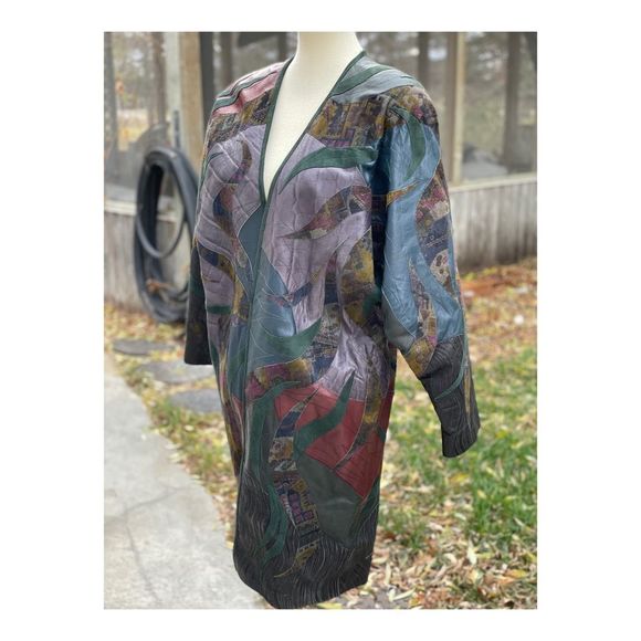 Vintage Streve Lamb Leather Coat Patchwork Open Front Oversized - Picture 2 of 11